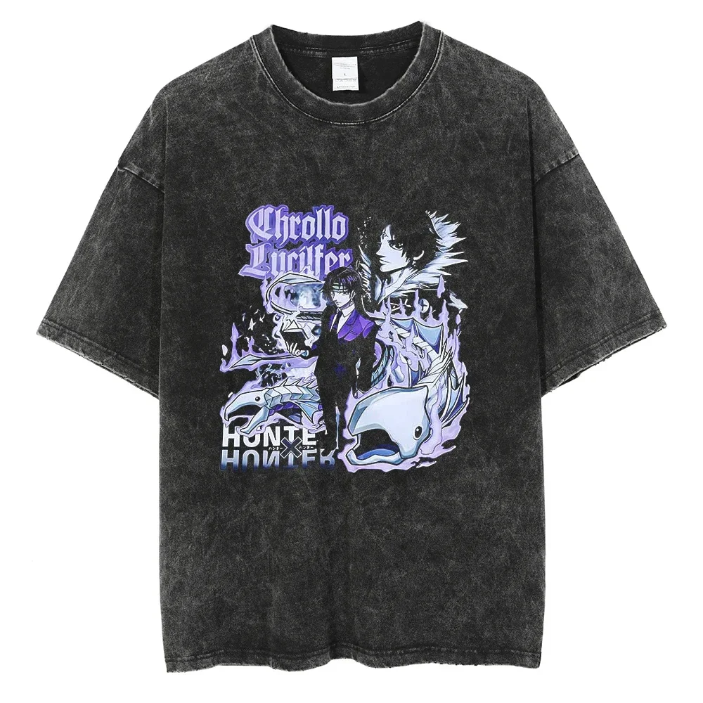 2026 summer Anime Hunter x Hunter Oversized T-shirt, Gon Freecss Multi-Panel Print Casual Streetwear Washed Black Tee