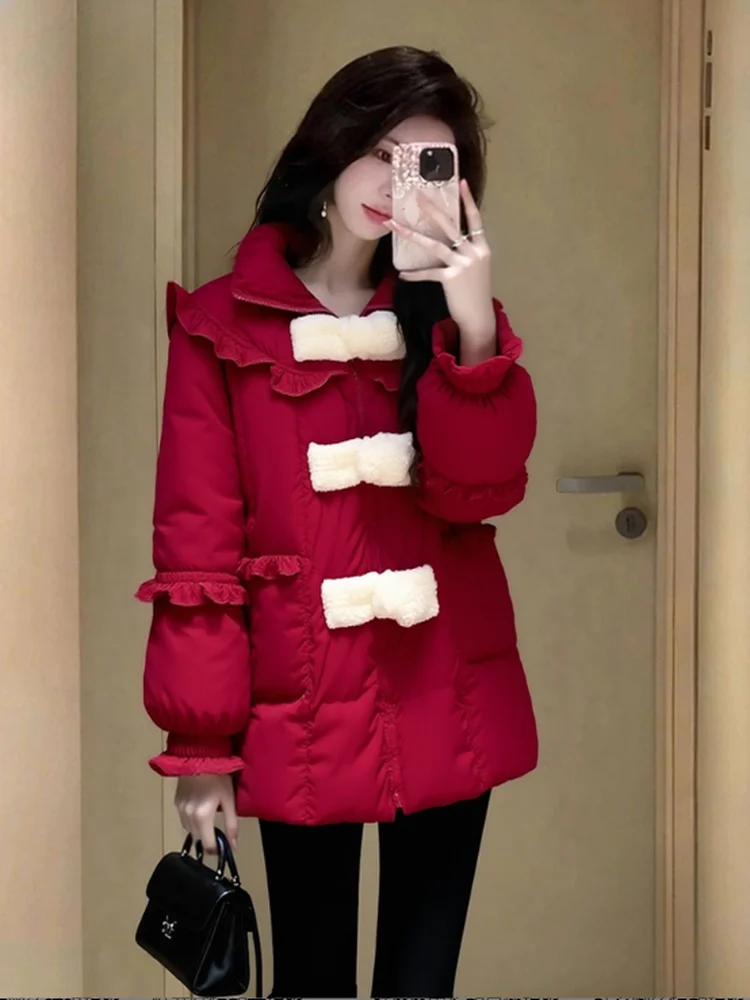 

Sli Red Korean Sle ort Cotton Jaet with Button Thi Warm Winter Coat Non-Quilted Regular Fit Long Sve Zipper