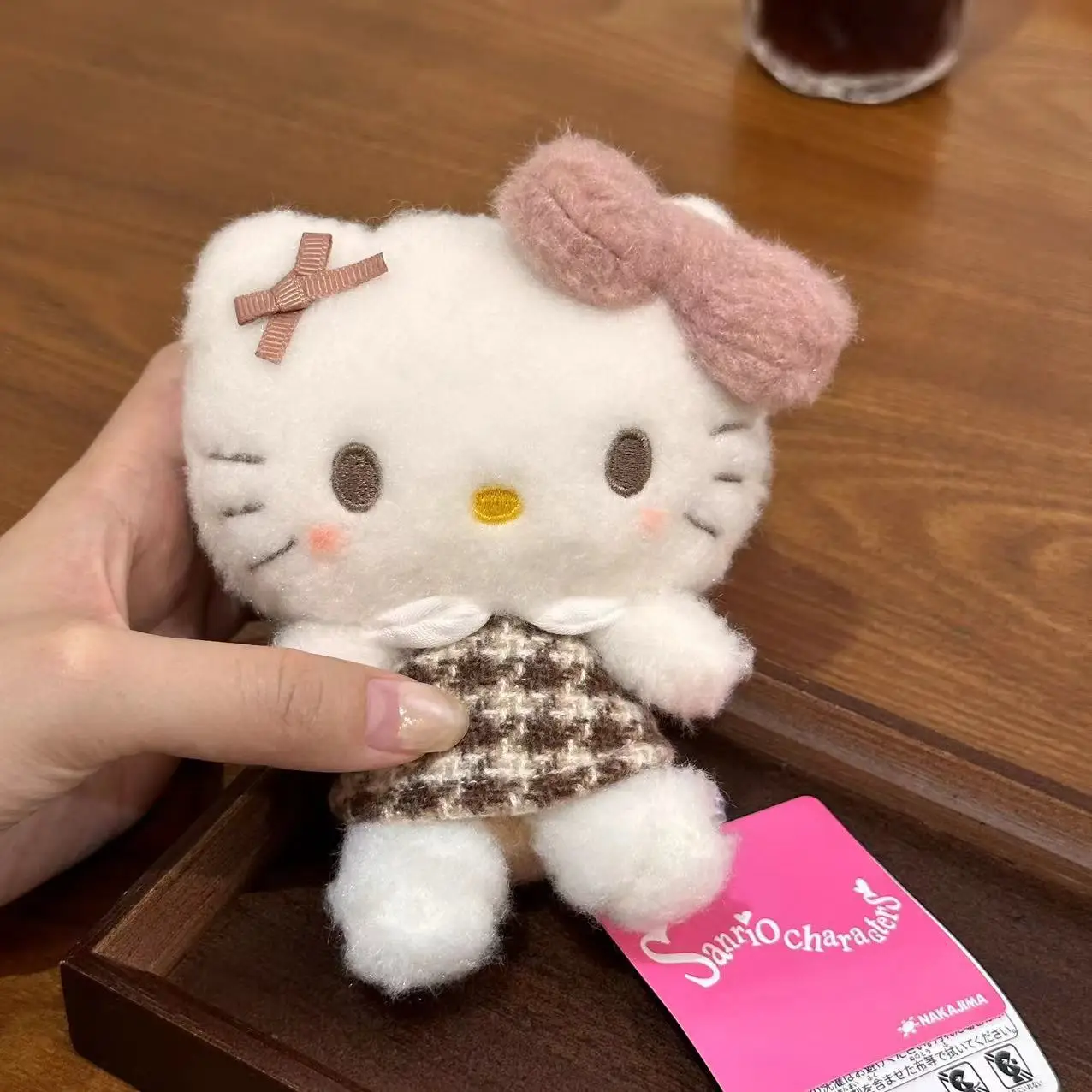 Sanrio Hello Kitty Cute Plush Doll Keychain Kawaii Mocha Plaid Pattern Fluffy Toy Backpack Pendant Lovely Periphery Holiday Gift