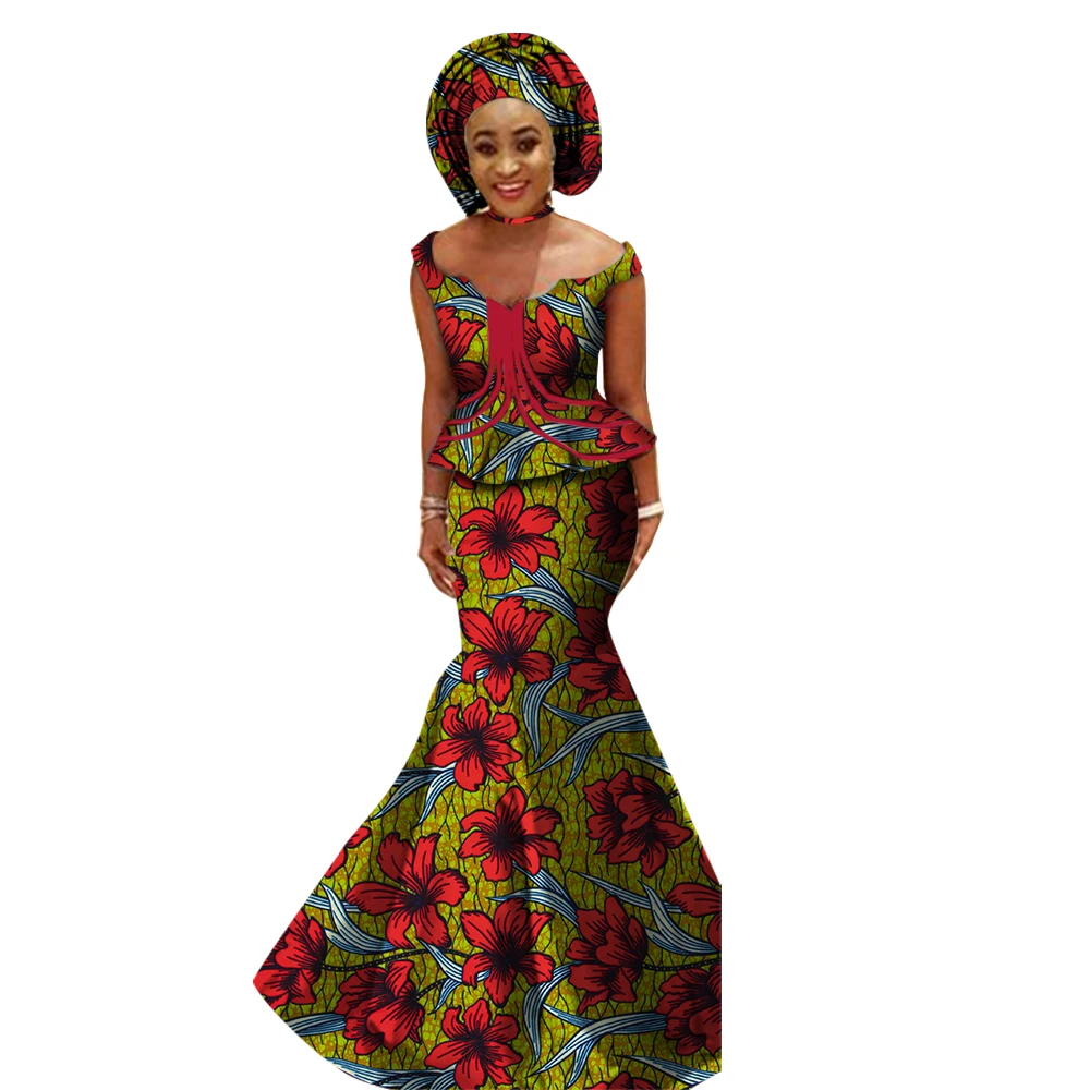 

African Women Suits Bazin Riche Plus Size Print 2 Piece Skirt Set Traditional African Clothing for Girls WY1167