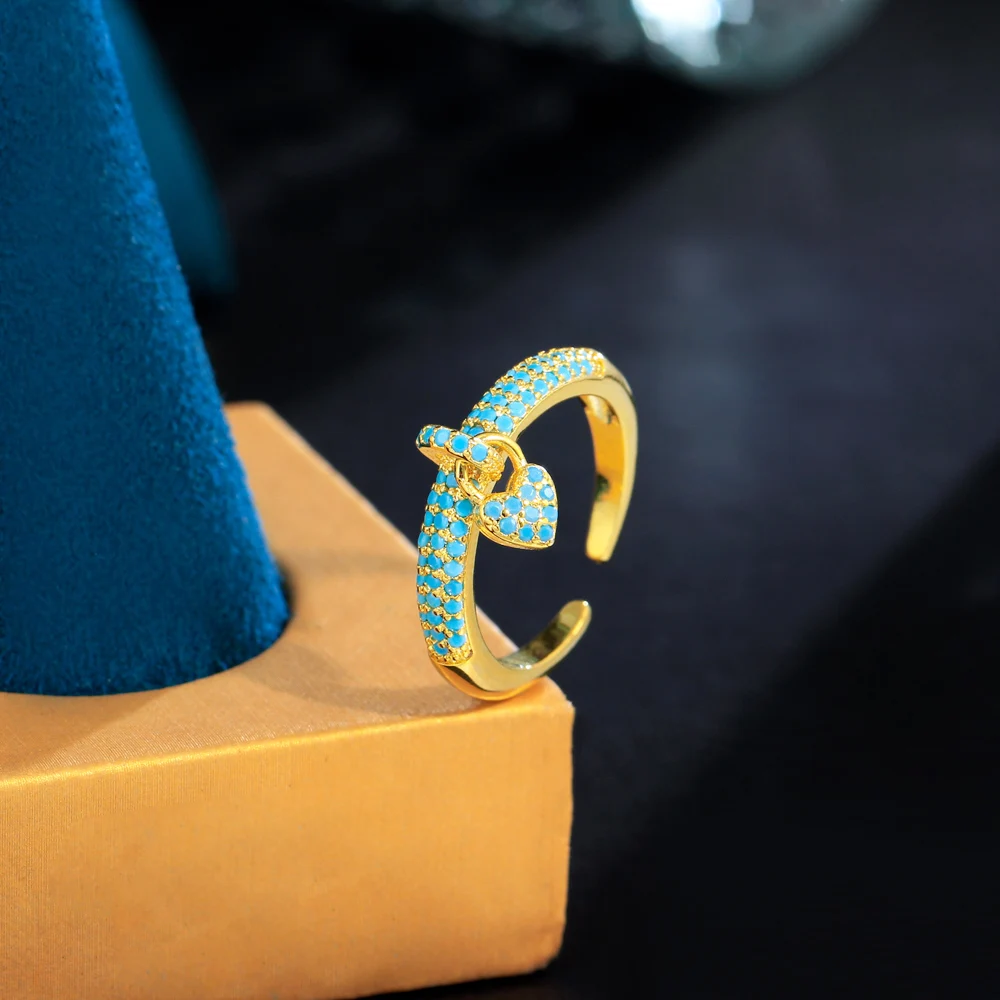 ThreeGraces New Trendy Light Blue Cubic Zirconia Gold Color Open Size Small Heart Charm Ring for Women Chic Party Jewelry R308