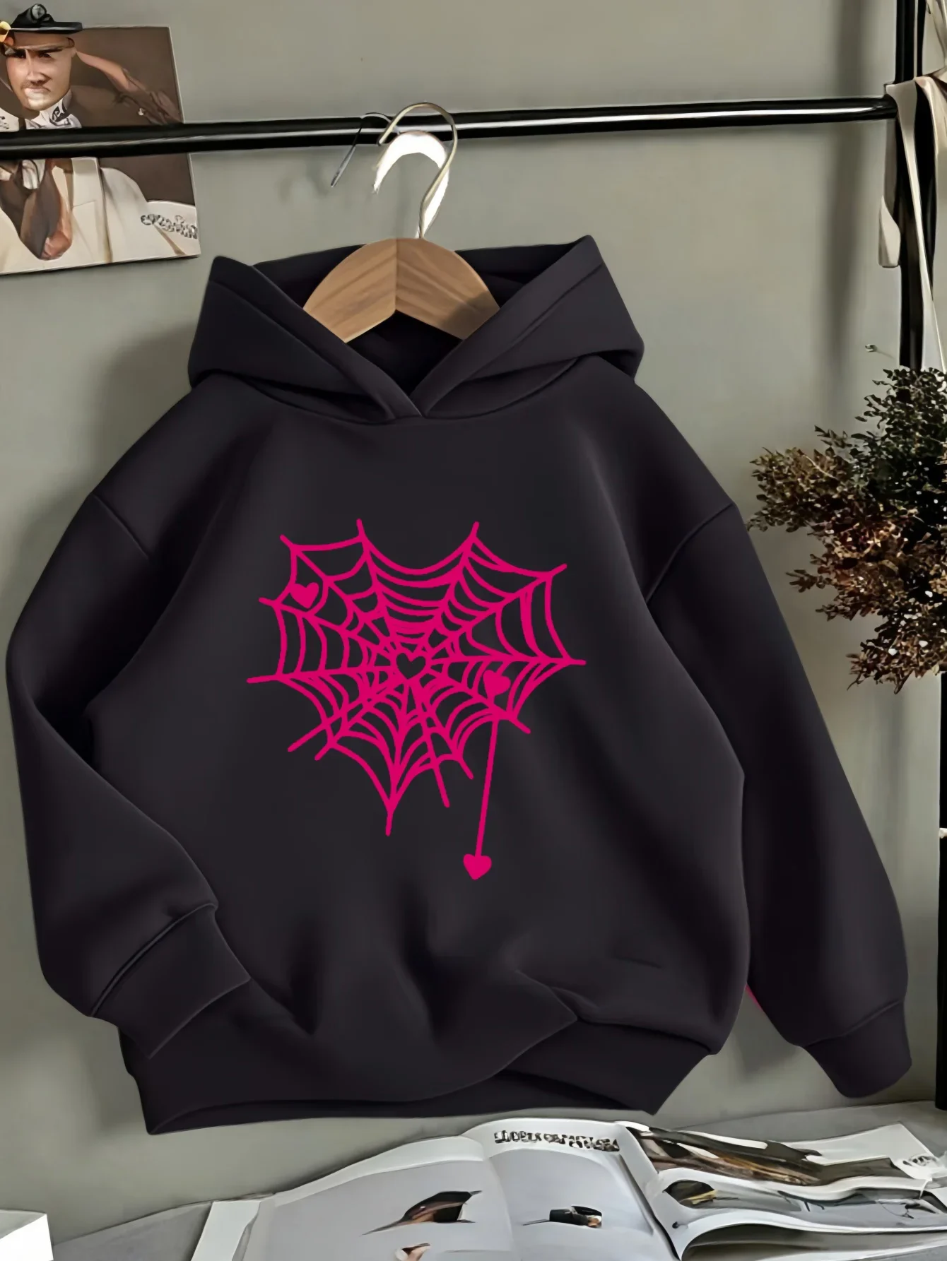 Kids Teen Girls Cute Y2K Heart Spider Web Graphic Printed Hoodies Dark Grey Gothic Sweatshirt Long Sleeve Pullover Tops