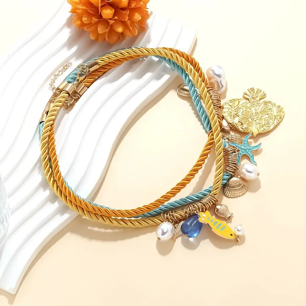 Ethnic Style Resin Flower Pendant Necklace Marine Organism Charms Necklace Set Nylon Rope Necklace Jewelry Accessories Hip Hop