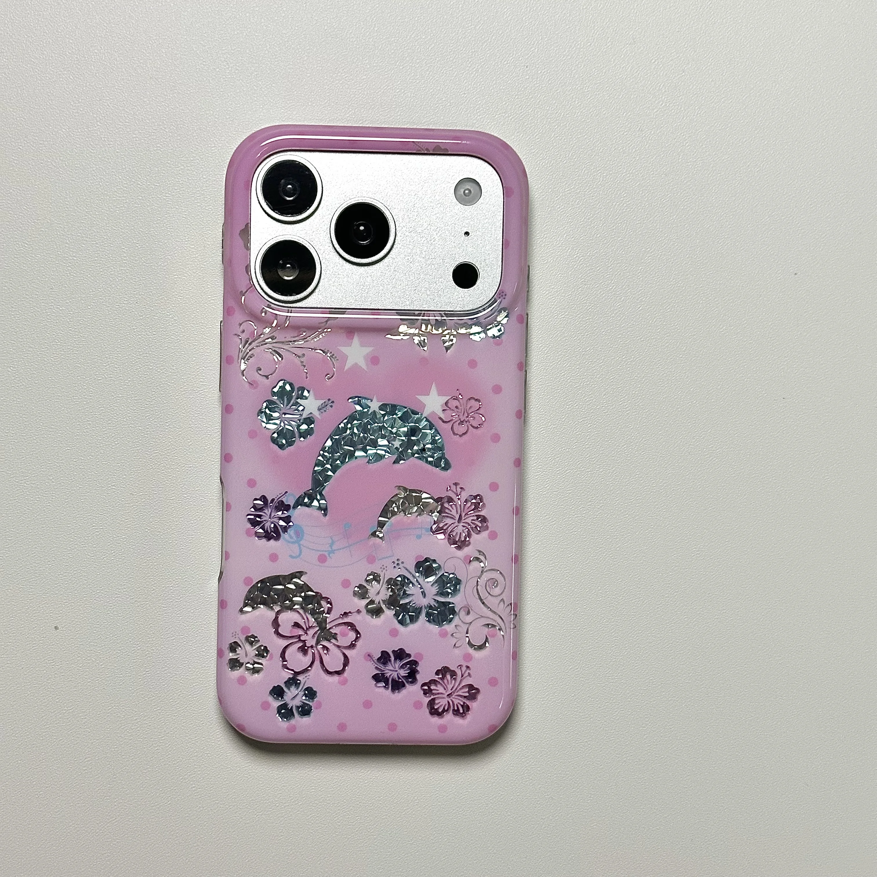 Y2K Rosa Polka Dot 3D Glitzer Delfin Hibiskusblume Musiknote Handyhülle für iPhone 17 16 15 14 13 Pro Max Rückseiten-Cover Capa