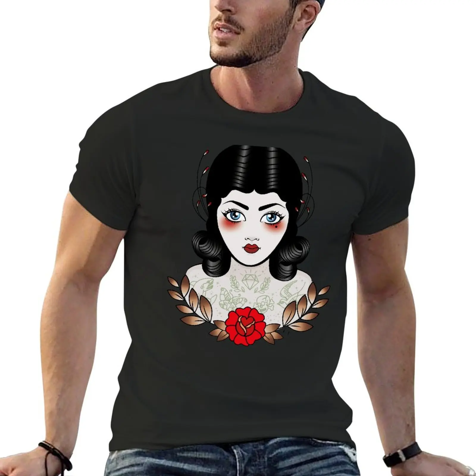 Flapper girl with tats T-Shirt vintage graphic tee graphic tee shirt mens t shirts top quality