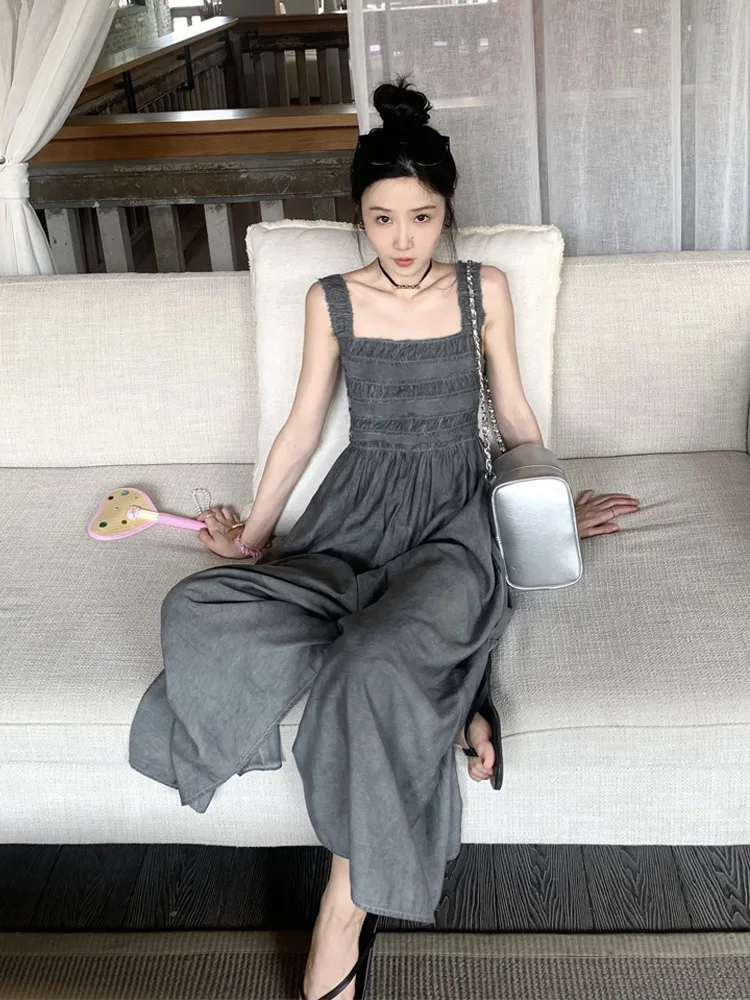 

Retro Strap Rer Women's Summer High Waist Slimming ort Dr Pants Commute Sle Wide Leg Long Pants Polyester Fabric