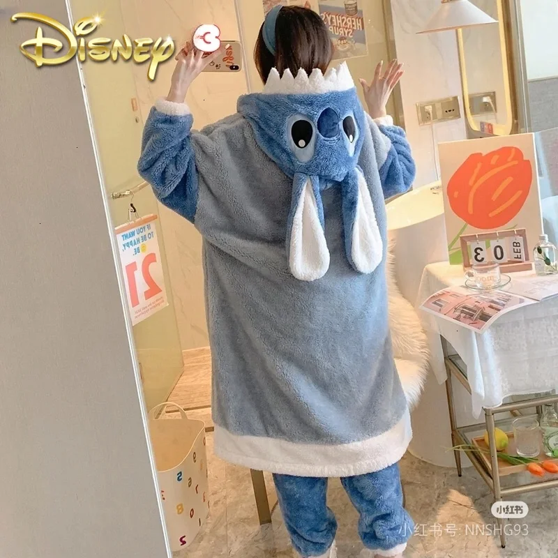 Disney Cartoon Stitch Nightgown Suit Couple Design Luxury Plush Robes Hooded Pants Women Men Coral Fleece Pajamas Gifts