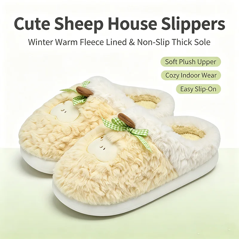 Winter Two‑Tone Fluffy Slippers Unisex Warm Fleece Lined Non‑Slip Thick Platform Indoor Home Shoes