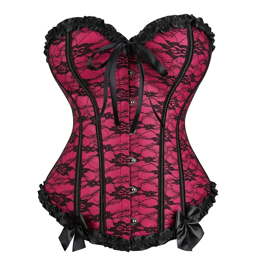 Women Gothic Corset Top Vintage Plus Size Floral Lace Overbust Bustier Lingerie Purple Red Corselet