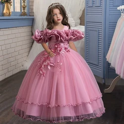 New Elegant Girl Party Dress Long Wedding Bridesmaid Dress 4-13 Year Old Mesh Embroidered Graduation Ball Evening Dress