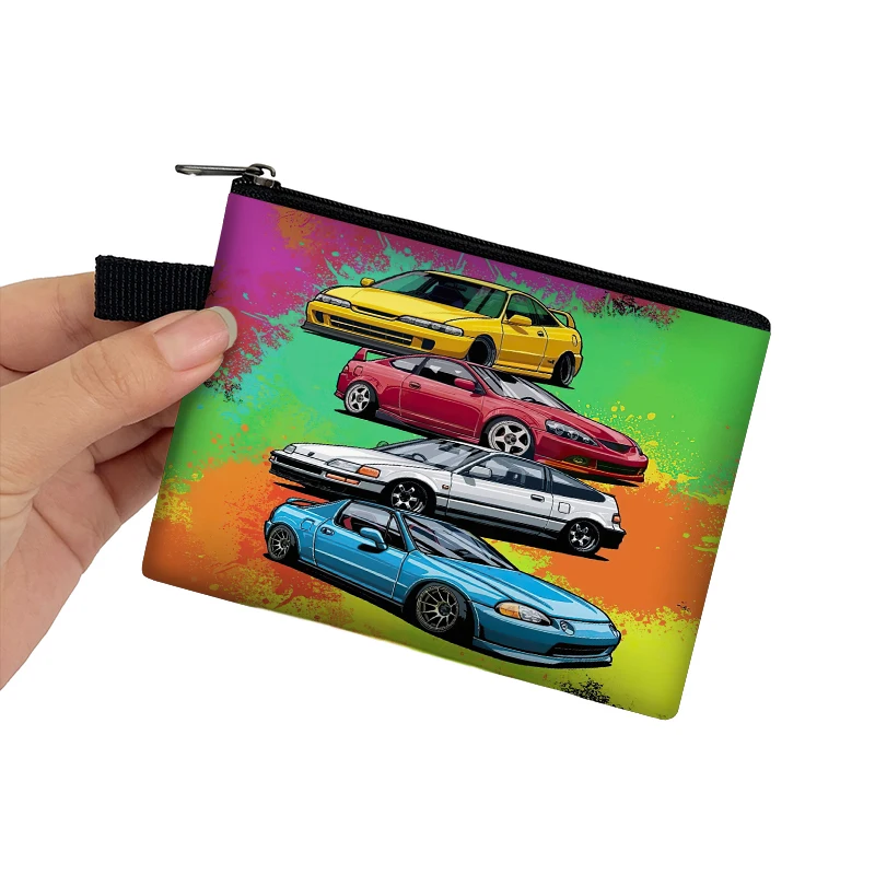 Japan JDM Racing Car Print Coin Purse Women Mechanic Engine Turbine Men Money Coin Bags Earphones Credit Card Holder Purses Gift