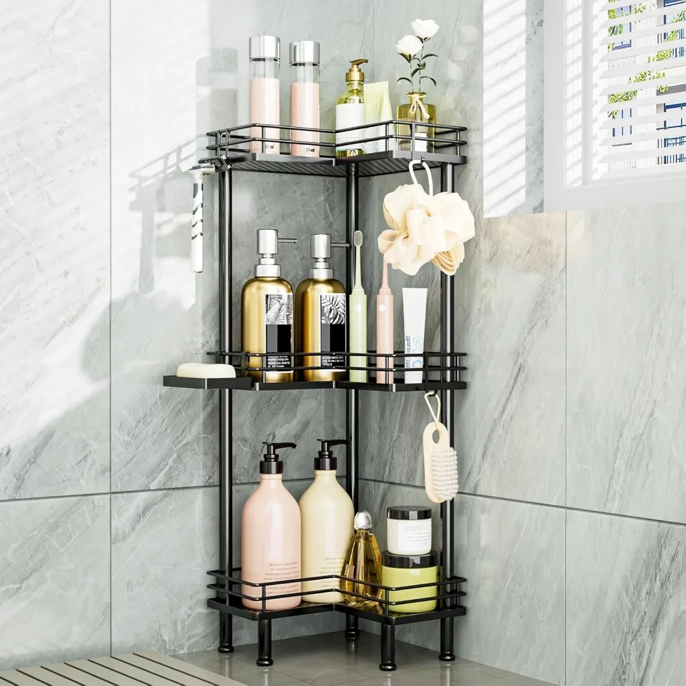 

3-Tier Stainless Steel Corner Shower Caddy with Soap Holder and Hooks, Large Capacity Bathroom Organizer in Black
