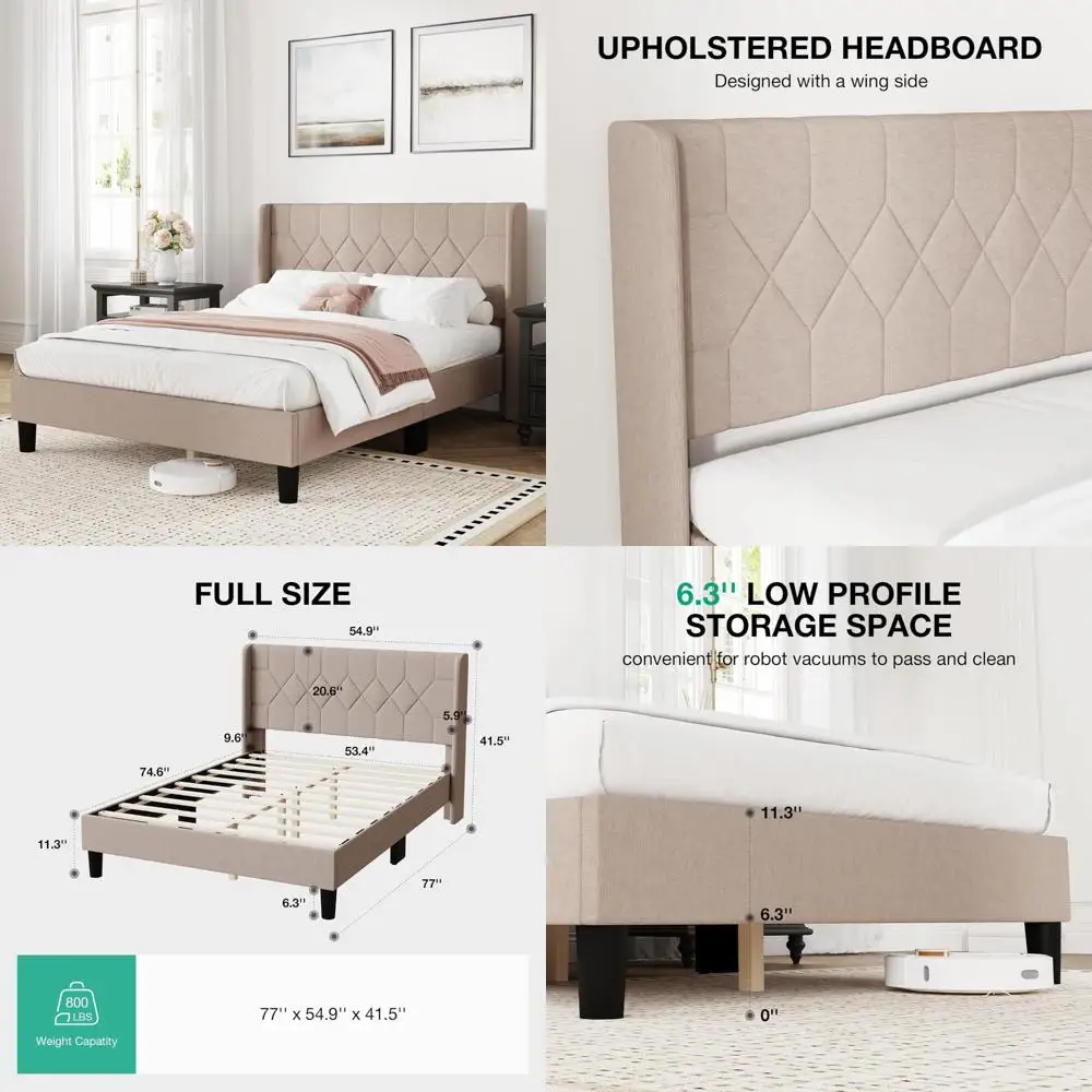 Estructura de cama de tamaño completo con cabecera alada de lino: no requiere somier