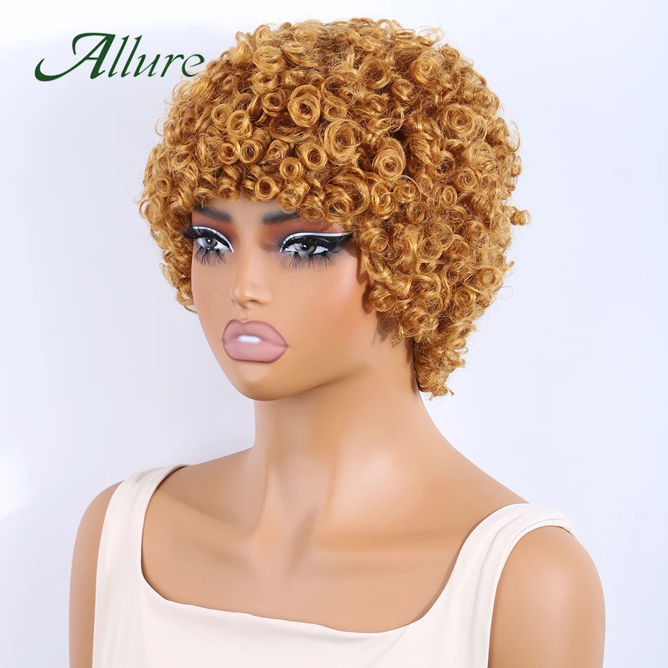 Brezilyalı Afro Kinky Kıvırcık İnsan Saç Peruk Siyah Kadınlar Için 10 inç Bal Sarışın Renkli Saç Peruk Pixies Kıvırcık Saç Peruk Allure