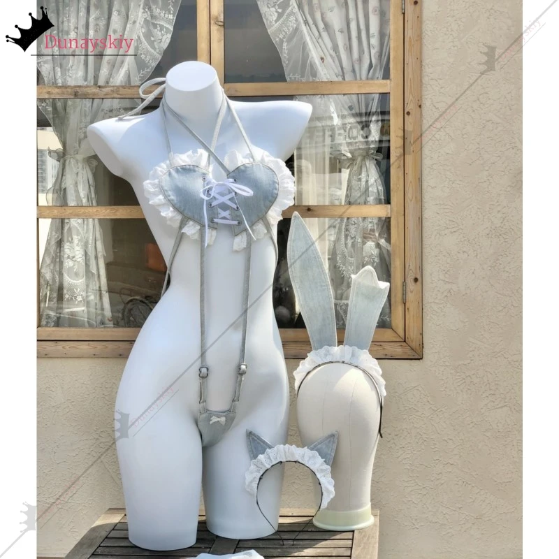 

Sexy Bikini Denim Jumpsuits Bunny Girl Cosplay costume Summer Heart Lace up Halter Camis+ Mini Pant Cat Girl Cos Customized