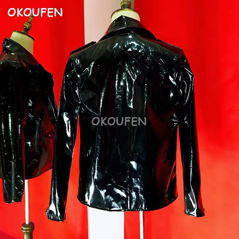 Men's Black patent leather Jacket motorcycle punk leather coat nightclub bar male singer dancer stage show performance costumes