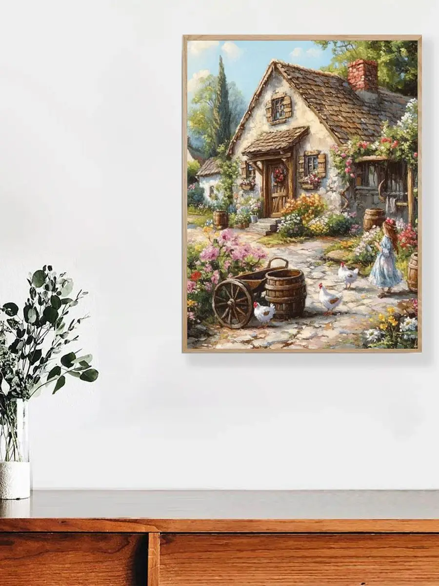 1 Stück 30x40 cm/11,8*15,74 Zoll Ländliches Haus Dorf Gestempeltes Kreuzstich-Set DIY-Set 11CT/14CT Hängendes Gemälde Wanddekoration – Detail 1
