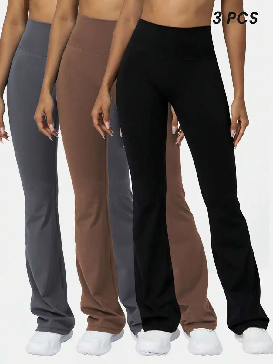 

Women 3pcs Solid Color Flare Yoga Gym Pants Butt Lifting Training Fitness Sport Tights