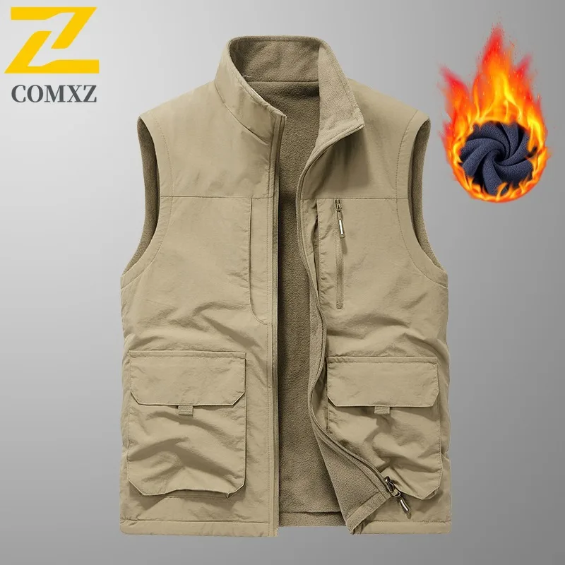 COMXZ New Autumn Winter Mens Vest Reversible Fleece Outdoor sports Workwear Waterproof Vest Multi Pocket lightweight Waistcoat