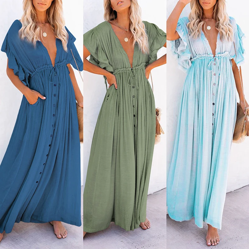 

Women's Dress Ruffle Short Sleeve Shirt Dress Deep V Neck Button Up Waist Drawstring Dress Summer Beach Maxi Dress