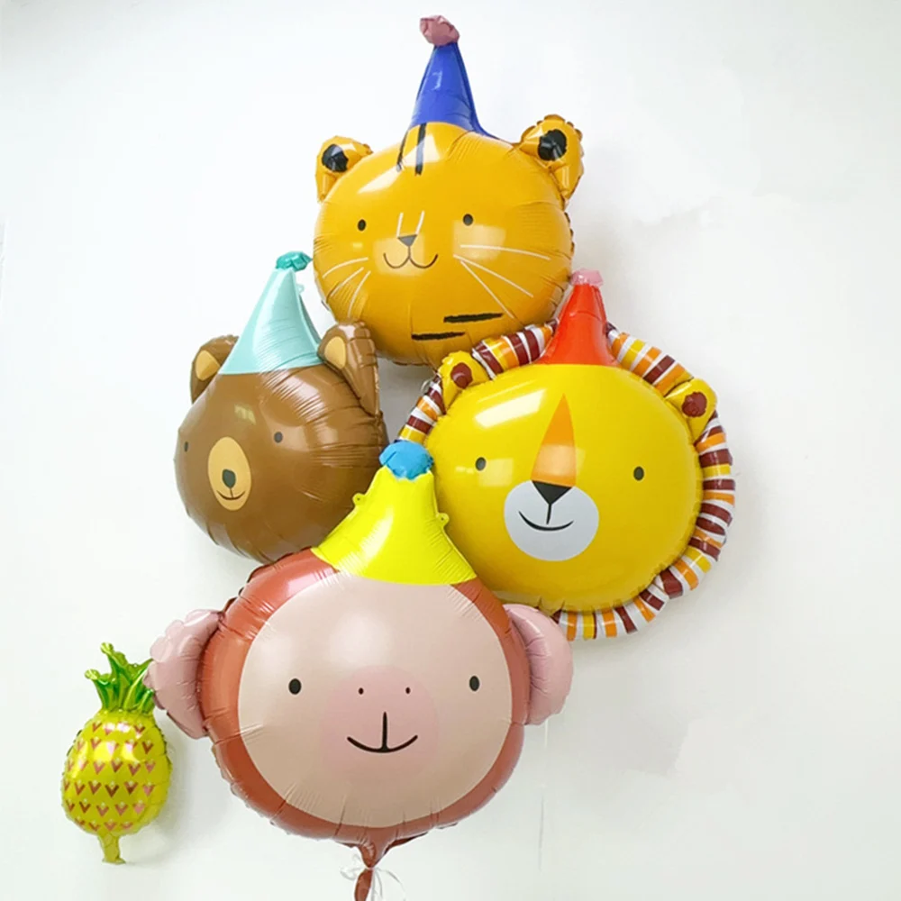 Birthday Hat Cartoon Animal Shape Aluminum Film Balloon Cat Lion Monkey Bear Children\'s Day Birthday Party Decoration