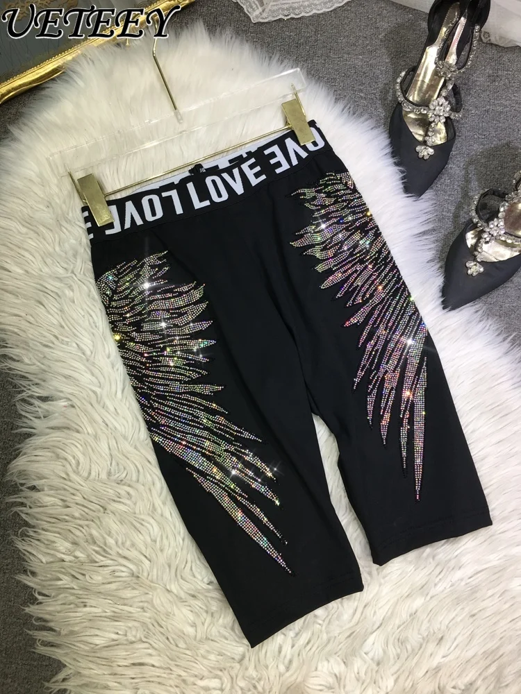 European Goods Heavy Embroidery Hot Drilling Leggings Women's Thin Elastic Waist Half Shorts Black Skinny Knee Length Pants