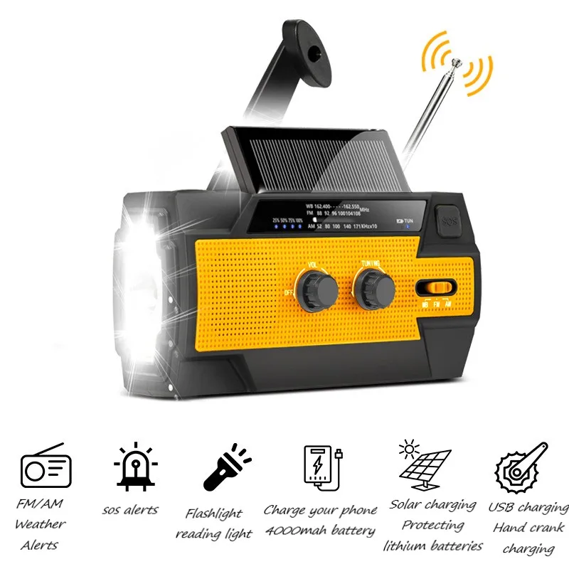 Multi-Funcional Rádio de Emergência com Lanterna, Solar Hurricane, Mão-Powered SOS Siren, AM, FM, NOAA, MD-090P