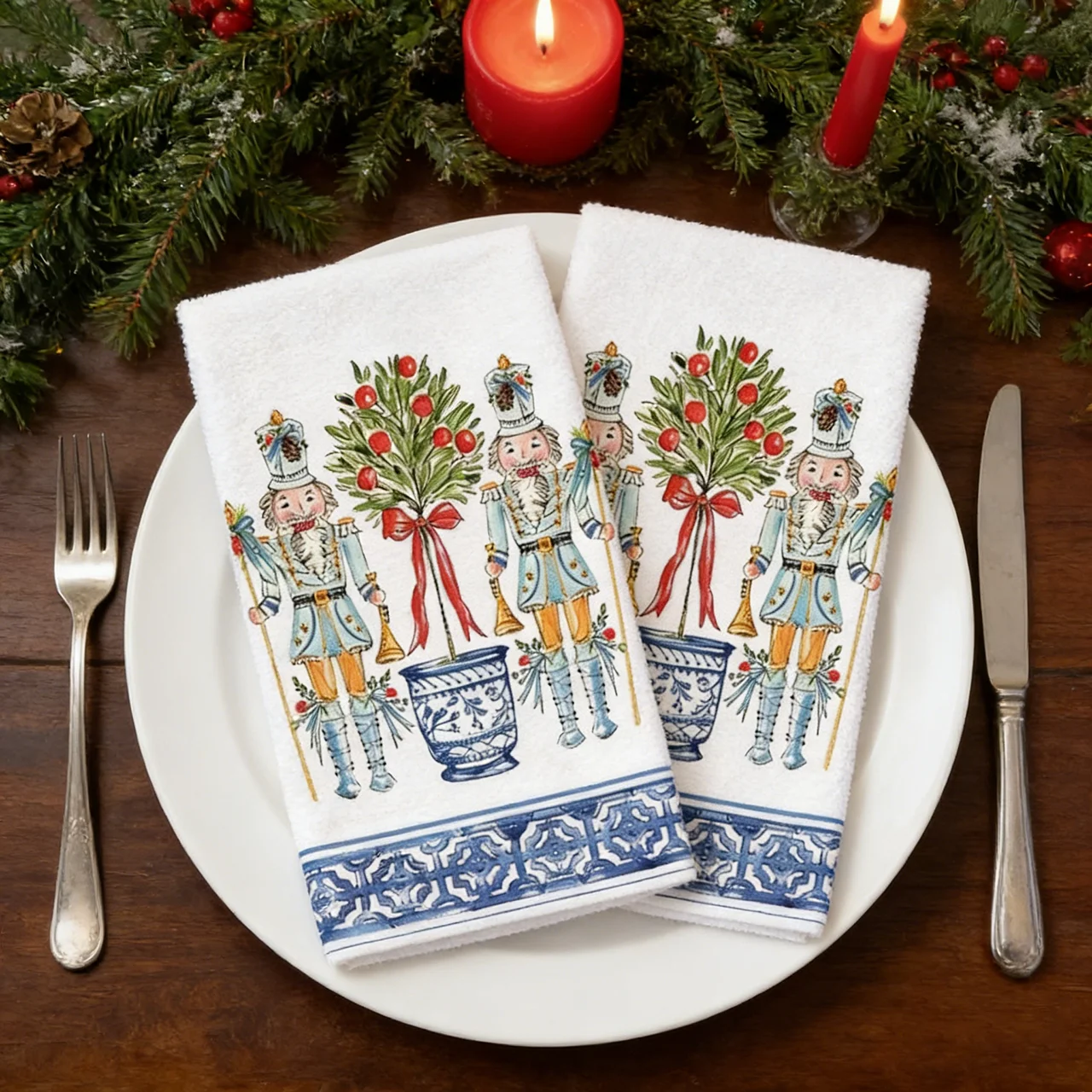 2-Pack Christmas Nutcracker Kitchen Towels | Blue-White | Nutcracker Soldier/Holly Berries/Red Ribbon Bow | Machine Washable