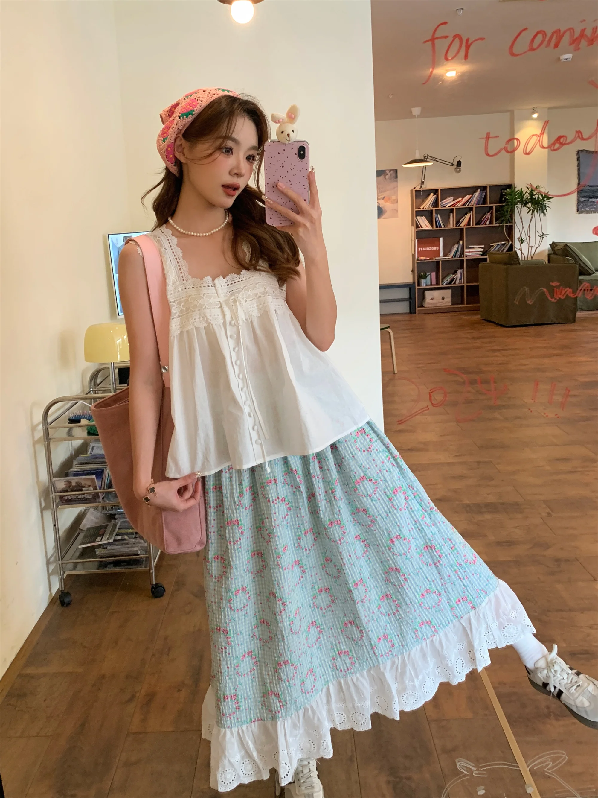 

Flower Plaid Skirt with Lace Hem Green White Contrast Cute Midi Long Skirts #e-girl fairycore 2000s y2k aesthetic korean clothes