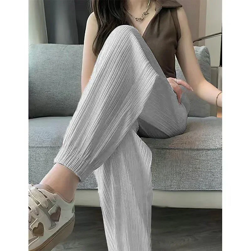 Pantaloni Casual a gamba larga in seta di ghiaccio pantaloni solidi elastici in vita abbigliamento donna dolce Streetweat pantaloni estivi alla