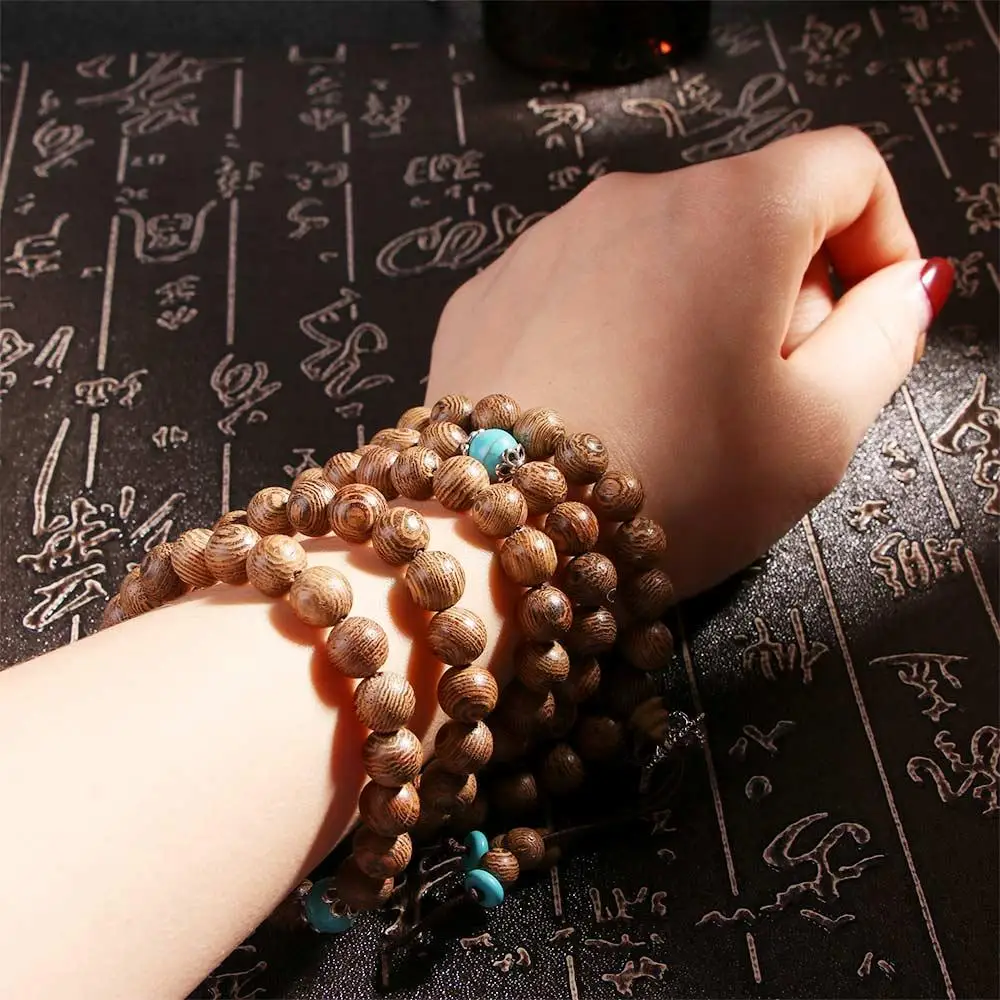 バングル ウッド ビーズ チベット 108 ロザリオ 仏教 ウェンジ ブレスレット ターコイズ