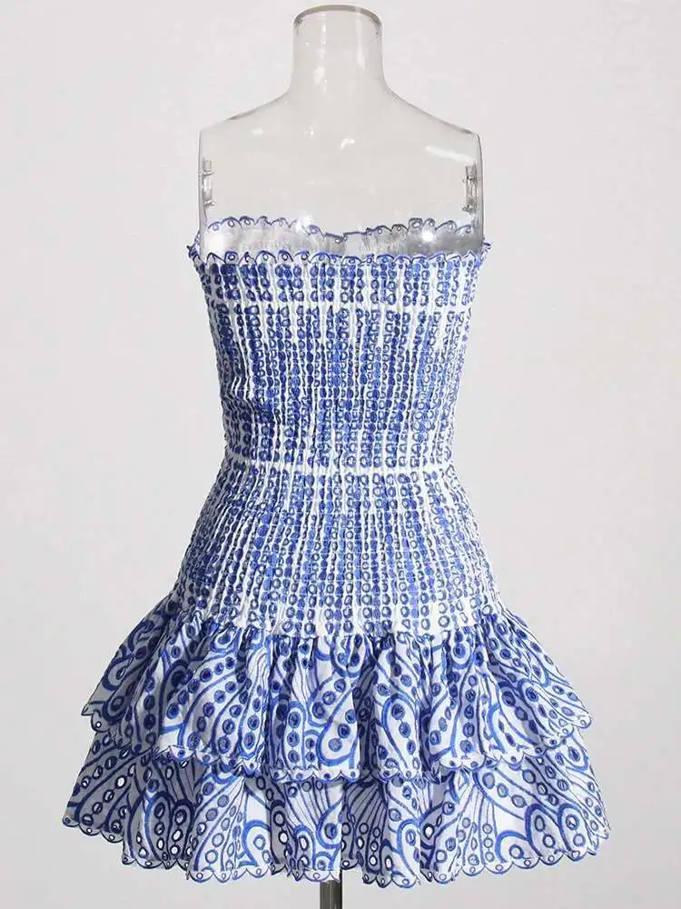 Cut Out Layered Hem Sexy Dress Elegant For Women Strapless Sleeveless Off Shoulder High Waist Mini Dresses Female Clothing P4SW