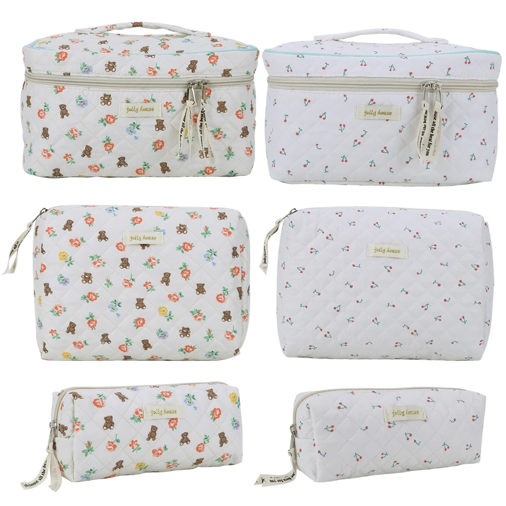 

3PCS Cotton Quilted Makeup Bag Women Toiletry Bags Coquette Makeup Bag Aesthetic Cute Kawaii Bear/Strawberry Makeup Bag
