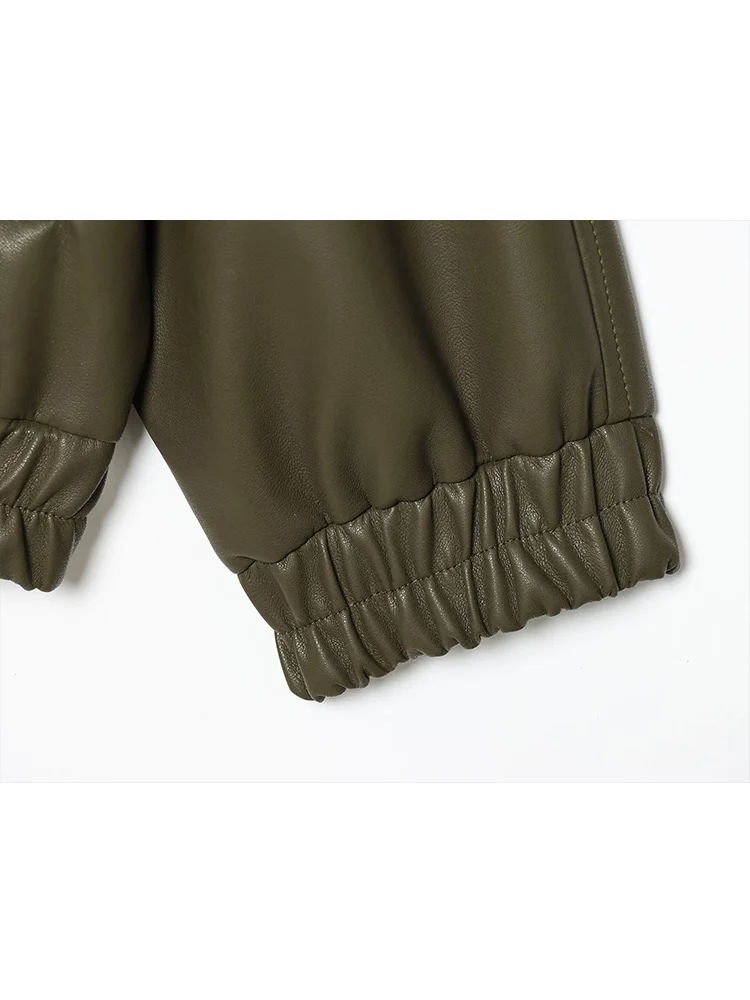 سترة جلدية شتوية بياقة واقفة للنساء كاجوال بأكمام كاملة وسحاب بلون سادة معطف قصير فضفاض للسيدات ملابس خروج عصرية