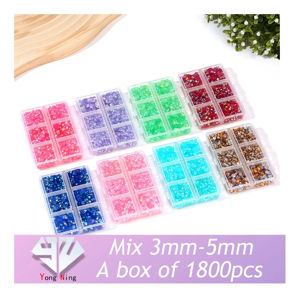 YongNing 1800pcs/Box 3/4/5mm Mix Size Resin rhinestones transparent  Flatback Non hotFix Crystal Set Nail Art craft decoration