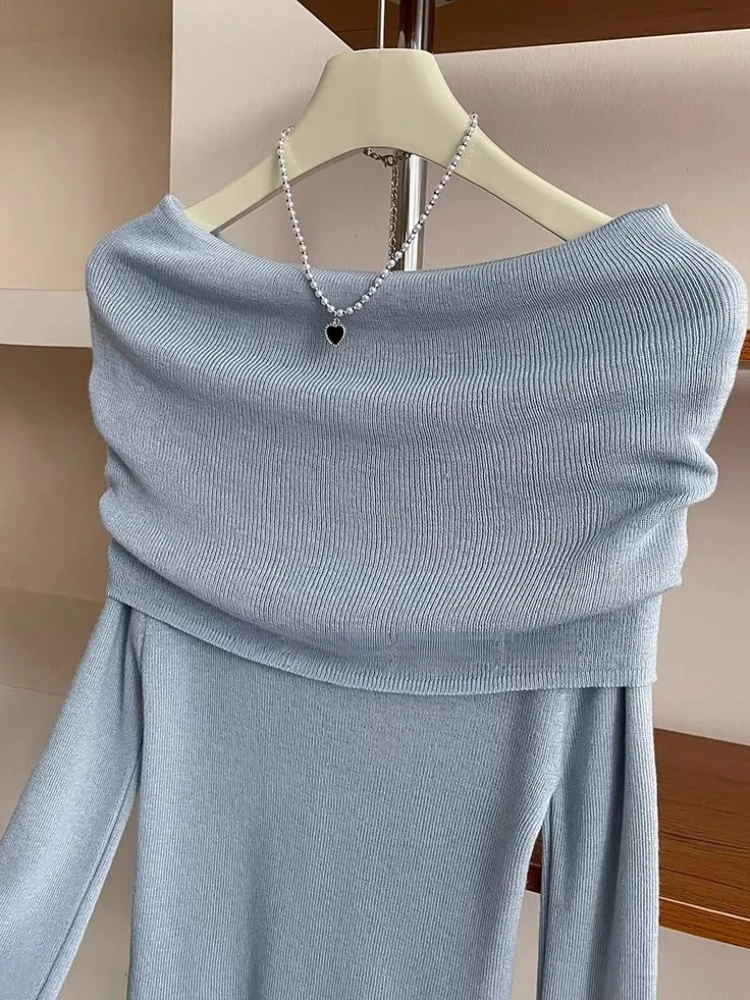 Donna autunno sexy slash neck morbido solido pullover sottile semplice maglione lavorato a maglia a maniche lunghe dolce streetwear top solidi vestiti Y2k