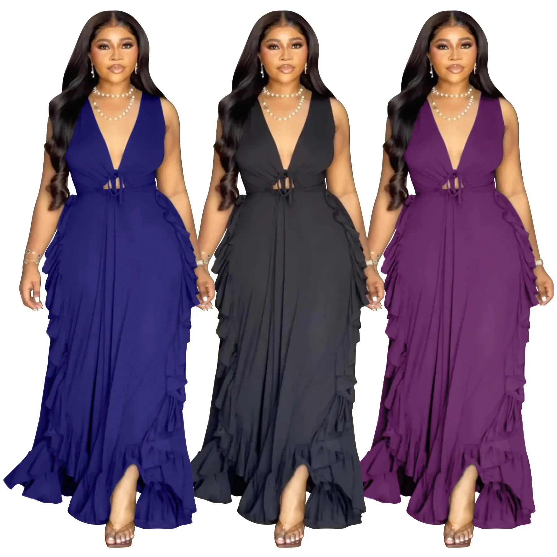 

Plus Size Summer Sleeveless Dress Women Ruffle Pleated Irregular Patchwork Fashion Ladies Dresses V-Neck Woman A-Line Long Dress