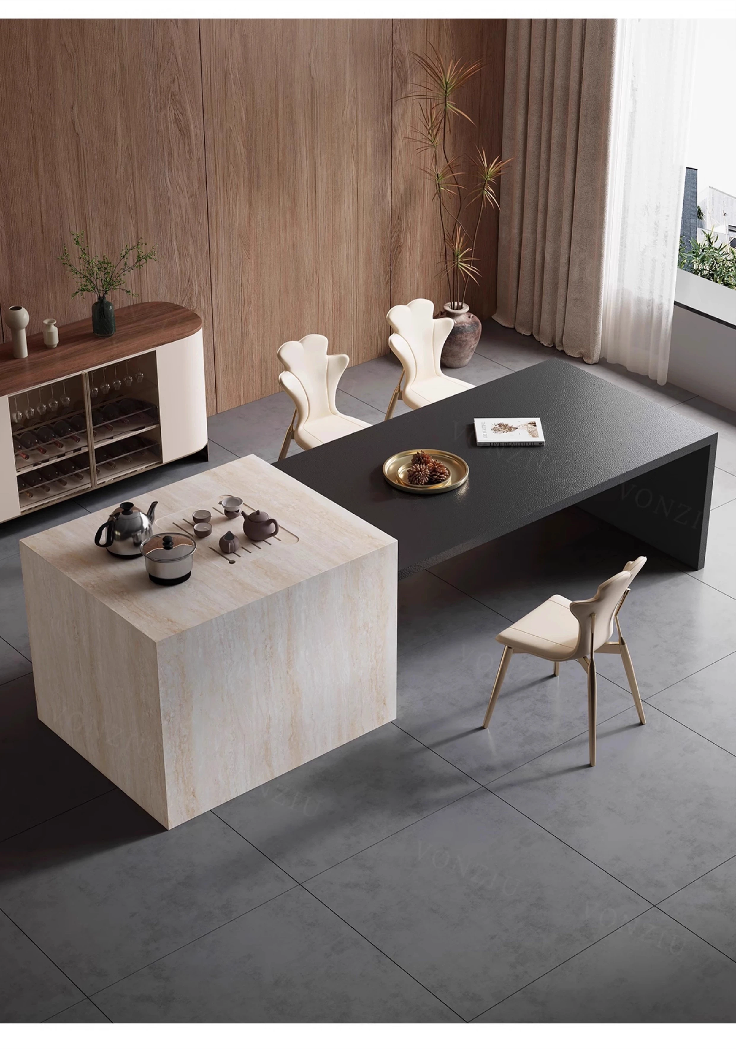 

Italian travertine rock slab Zhongdao table dining table and chair combination household storage minimalist island 2025 design