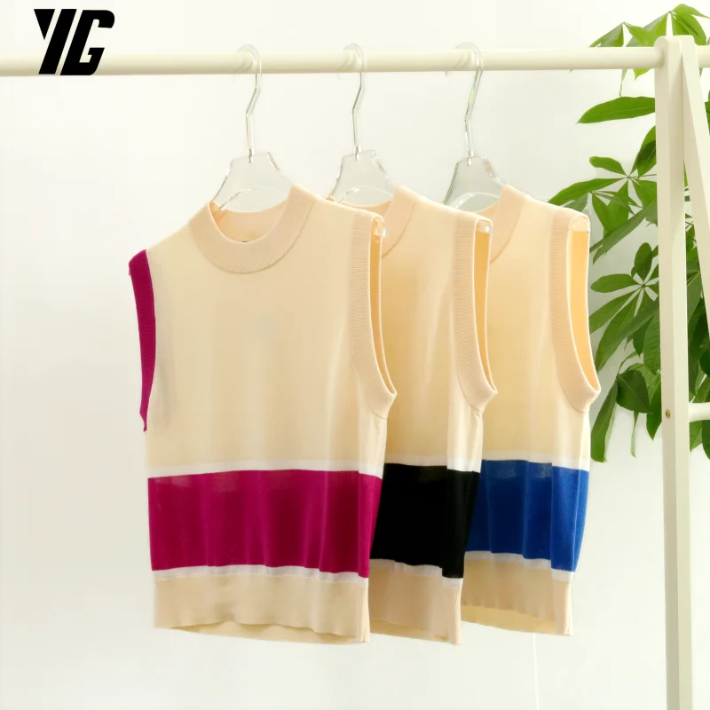 YG 2024 Summer Autumn Tops Female Korean Fashion Slim Chic Color Contrast The Style Pullover Tops Stripe Sweater Elastic Vest