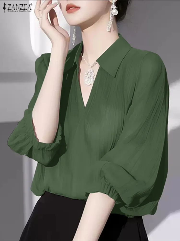 Outono blusas zanzea elegante ol blusa moda com decote em v camisas femininas 2025 casual 3/4 puff manga sólida coreano oversized túnica topos