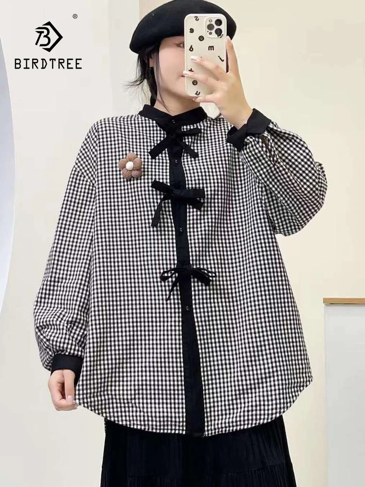 

New 2025 Autumn Long Sleeve Coat, Women Turn-down Collar Plaid Bow Patchwork, Mori Girl OL Fashhion Warm Loose Jacket C5O937CC