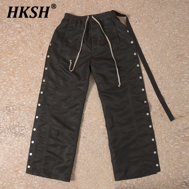 HKSH RO Dark Black Style Nylon Breasted Casual Pants Decorative Metal Buckles Straight Men's Tide Loose Women's Trousers HK0871