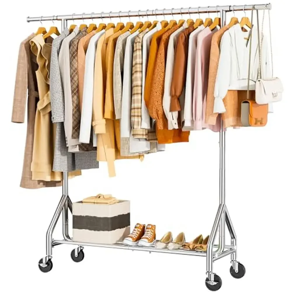 Metal Clothes Rack Rolling Hanging Garment Rack with Sturdy Wheels Triangle Design 450 LBS Capacity Adjustable Height & Width