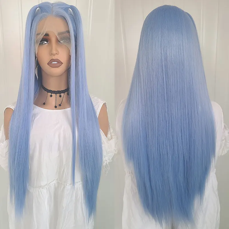 Wig rambut lurus biru muda sintetis 13x4 Wig renda depan kualitas tinggi serat tahan panas garis rambut alami untuk Cosplay wanita