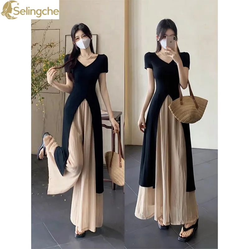 High End Hepburn Style Fashion Set for Women\'s Summer Black Split Top Versatile Slimming Casual Skirt Pants Two-piece Set