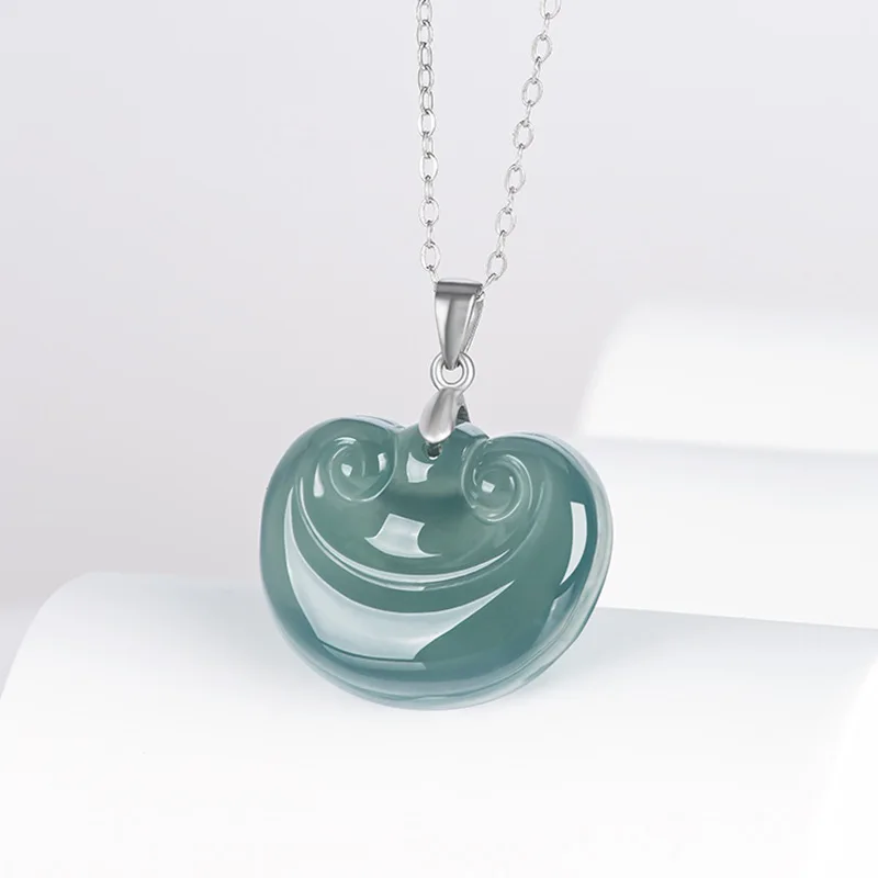 

Jia Le/925 Silver Inlaid with Natural Blue Water Jade Ruyi Necklace Pendant Personalized Fashion Gift for Men and Women Couples