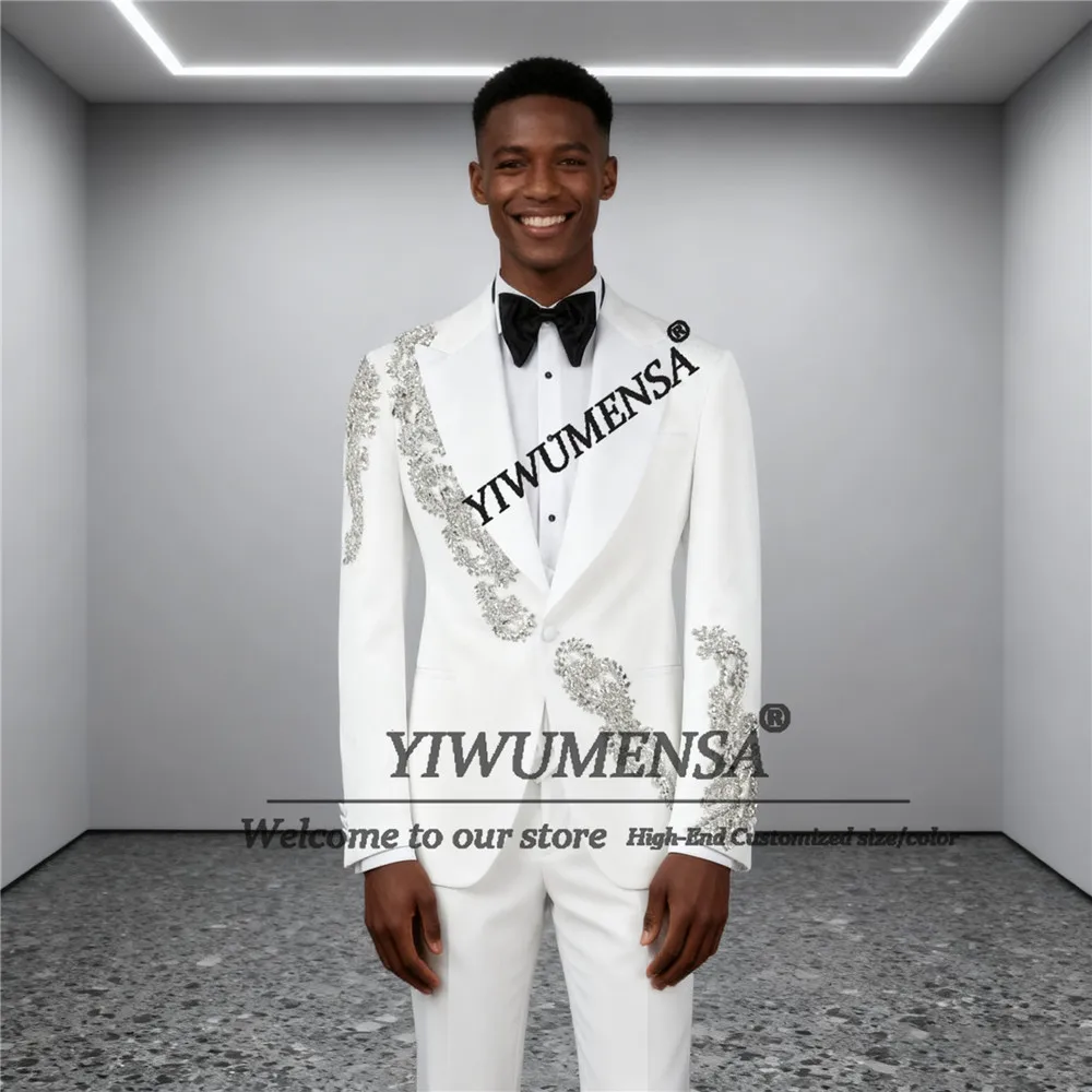 

Sliver Beaded Stones Suit Attire For Men Notched Lapel Groom Blazers Customized 2 Pieces Sets Man Outfits Wedding Tuxedos Skinny