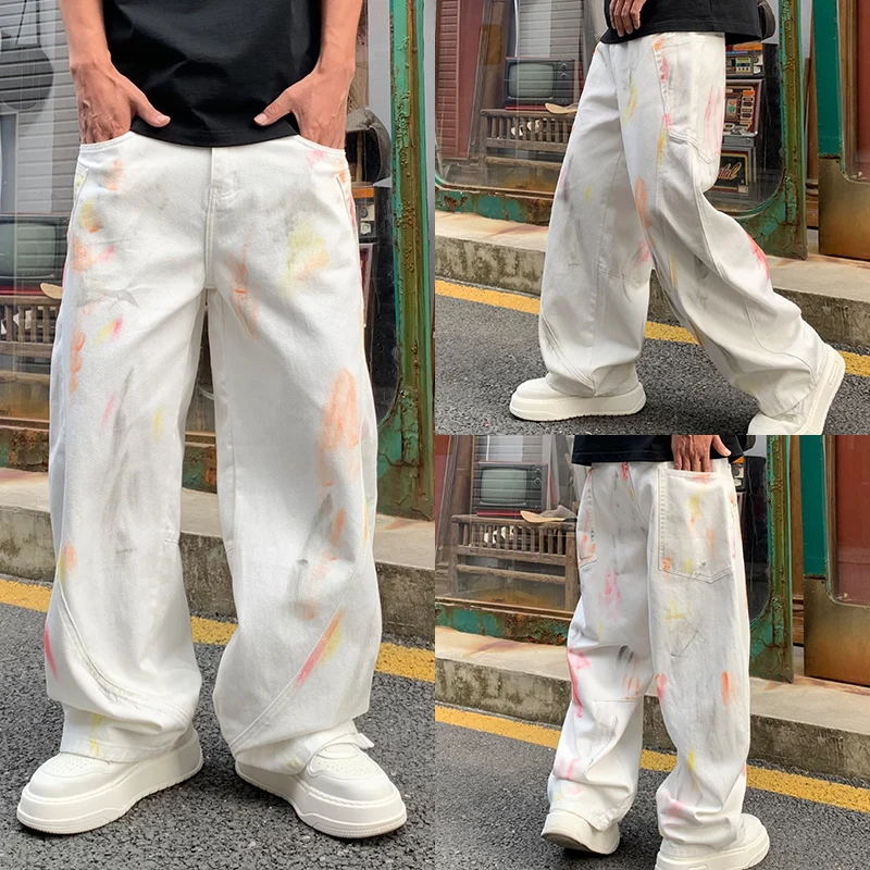 Painted Graffiti jeans men's loose trendy hip hop style street fashion High Street straight wide leg personality white trousers