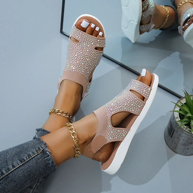 2022 New Summer Women Sandals Sexy Shoes Crystal Casual Woman Flats Buckle Strap Ladies Fashion Beach Shoe Big size 36-43