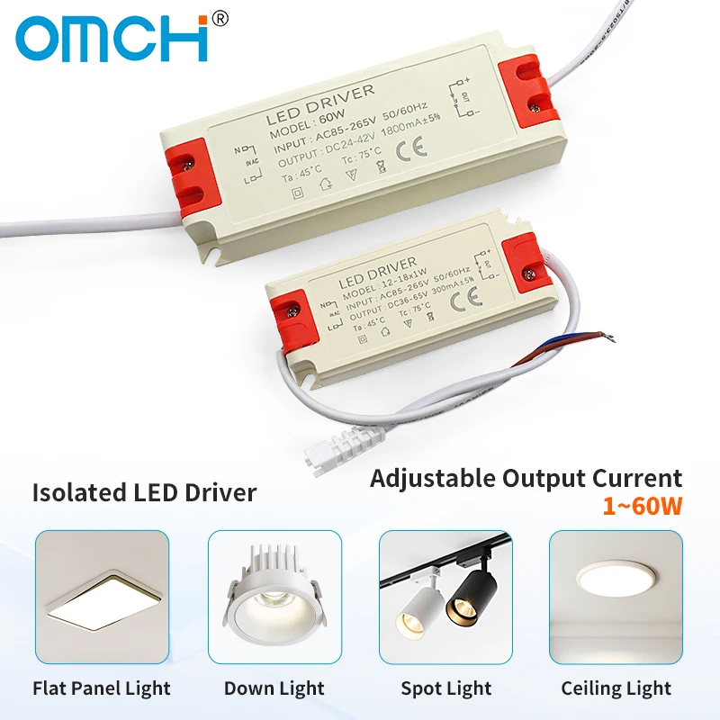 Driver LED Isolato OMCH 36W 40W 50W 60W 18-25W DC24-42V 1500-1800mA 1200-1500mA Trasformatore per Illuminazione Alimentatore Senza Sfarfallio